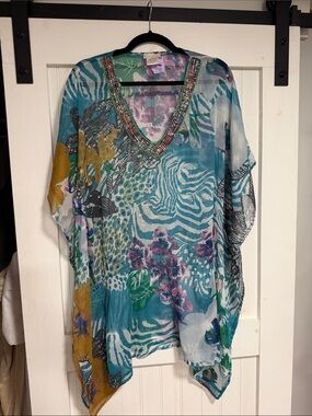 Embellished Teal Floral & Zebra Print V-Neck Tunic